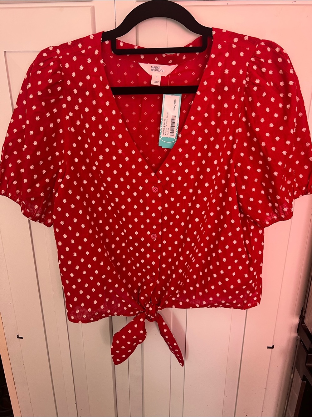 Market & Spruce Red Polka Dot Tie-Front Blouse